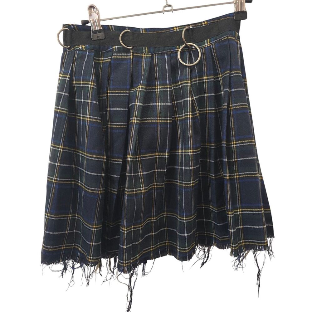 Current Mood Dolls Kill Plaid Pleated Mini Skirt XS Blue Green O-Ring Goth Grung